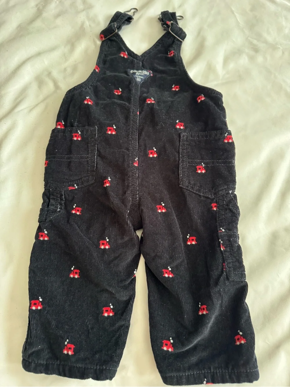 OshKosh B'gosh Black Corduroy Overalls with Red Train Embroidery